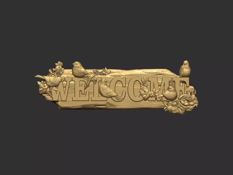 Welcome sign board with birds