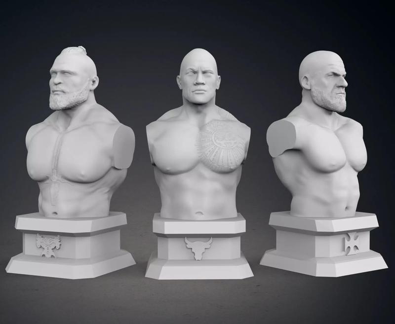 Current WWE Pack Busts  - The Rock - Triple H - Brock Lesnar