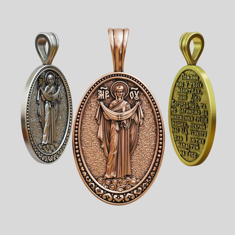 Saint Mary the Protectress Byzantine Church Pendant with prayer.