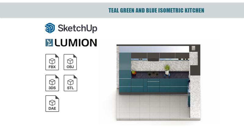 Teal green and blue isometric kitchen