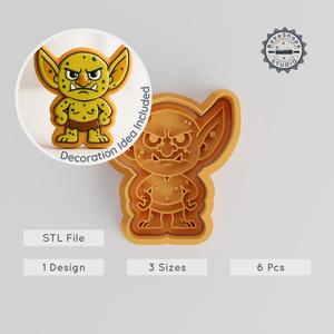 Goblin Shape Cutter & Stamp Set, Fantasy Cookie Molds, 3 Sizes, 6pc, Perfect for Fondant, Mischievous Monster Design