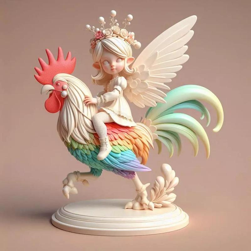 893  3D Printed   Statue of  Fairy on Colorful  Rooster