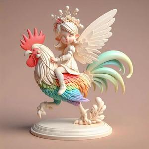 893  3D Printed   Statue of  Fairy on Colorful  Rooster