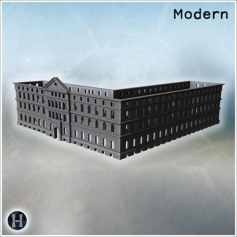 Massive U shaped stone institutional block featuring repetitive arched windows, central archway entrance and continuous cornice lines along three levels (25) - Modern WW2 WW1 World War Diaroma Wargaming RPG Mini Hobby