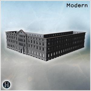 Massive U shaped stone institutional block featuring repetitive arched windows, central archway entrance and continuous cornice lines along three levels (25) - Modern WW2 WW1 World War Diaroma Wargaming RPG Mini Hobby