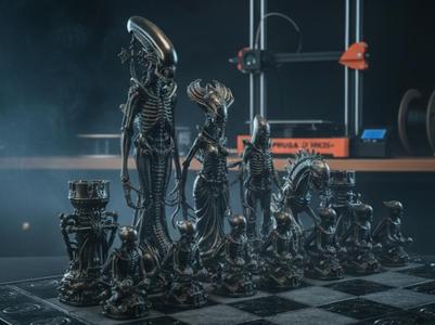 Alien Chess Set - Horror Biomechanical Xenomorph Chess Pieces