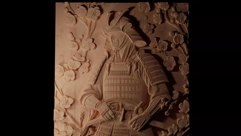 Samurai With Cherry Tree Sandcasting Bas High Relief CNC