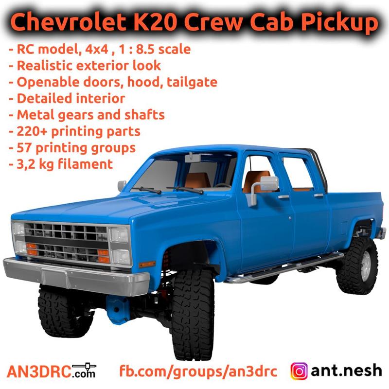 3D Printed RC Car Chevrolet K20 Crew Cab Pickup by AN3DRC