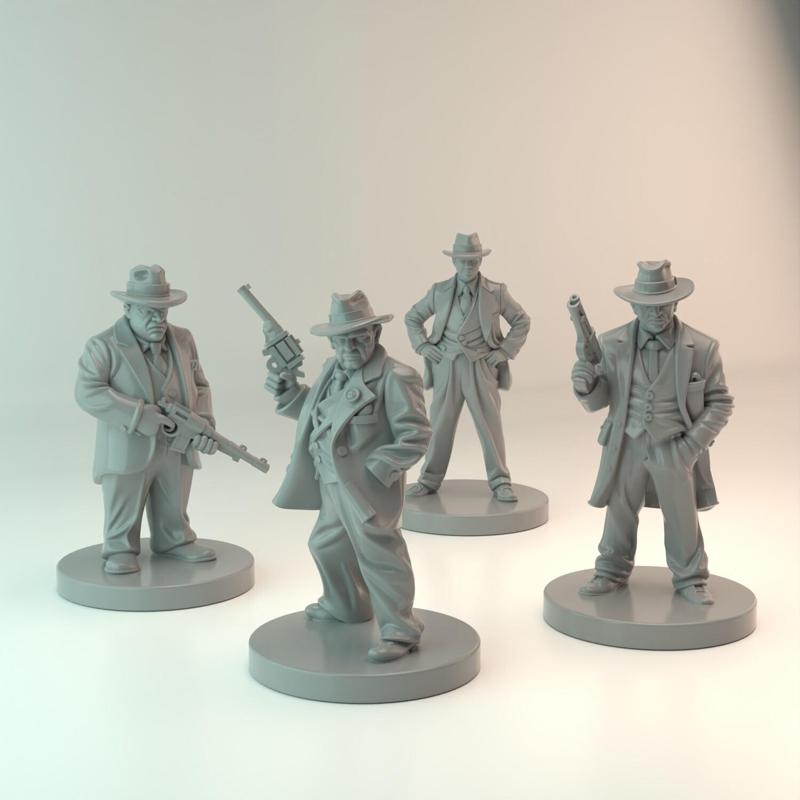 Retro Mobsters Mafia Miniature Set of 4 28mm Gangster STL Files | With & Without Supports + Bases