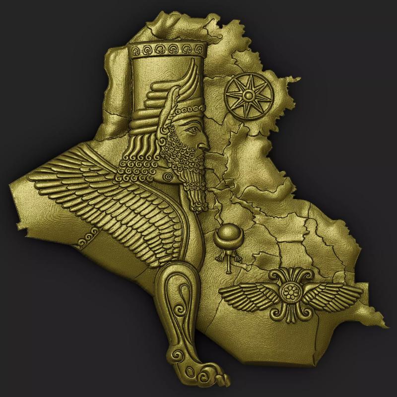 iraqi Map with Assyrian Winged Bull Relief Iraq 3D Art
