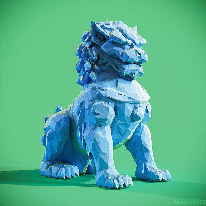 Low poly Chinese lion guardian Papercraft