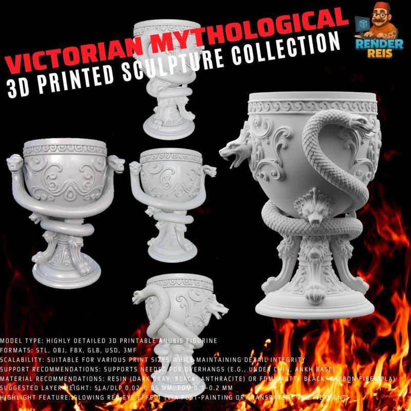 3D Printable Ancient Goblet – Snake and Lion Motifs, Ceremonial and Symbolic