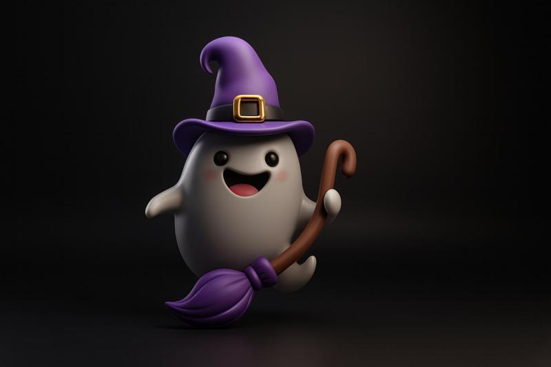 Halloween Ghost Witch with Broom – Spooky Decor, Adorable Ghost Figurine, Witch Hat Collectible