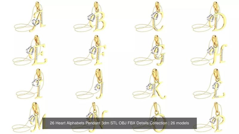 26 Heart Alphabets Pendant 3dm STL OBJ FBX Details Collection