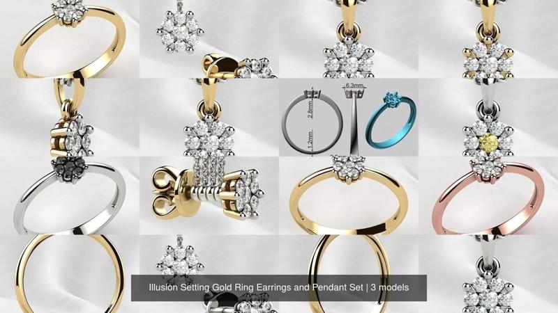 Illusion Setting Gold Ring Earrings and Pendant Set 3D Model Collection