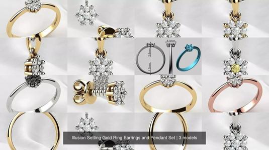 Illusion Setting Gold Ring Earrings and Pendant Set 3D Model Collection
