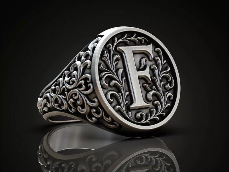 Monogram Signet Ring letter F Vintage Ornament