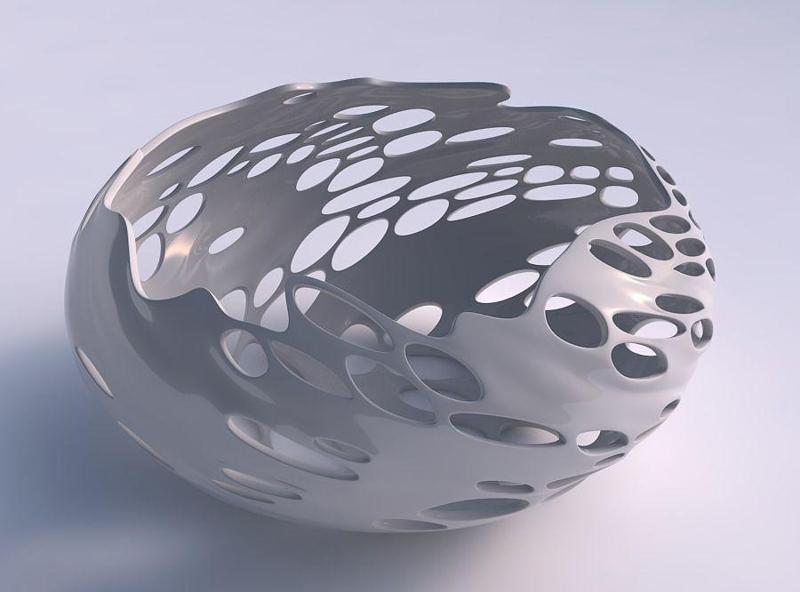 Bowl spheric squeezed wide with twisted bubbles holes