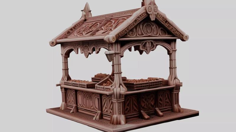 3D Printable Market Stall with Detailed Accessories