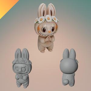 Labubu Plushie Toy – Cute Bunny Suit 3D Print with Daisy Flower Crown for Collectible Display