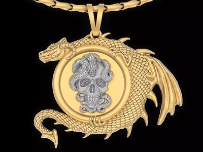 Skull and snake dragon pendant jewelry Gold silver necklac