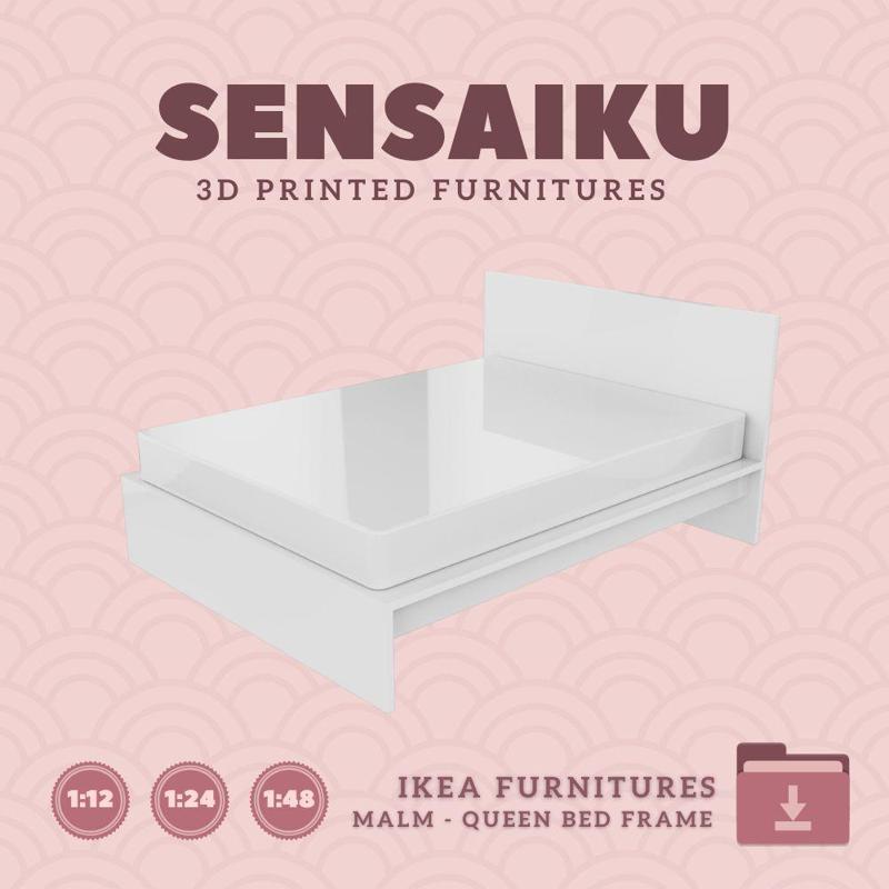 Miniature Replica Malm Bed Frame - Queen Bed - IKEA (1:12,24,48) - 3D Print Instant Download