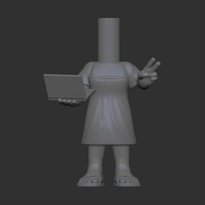 Funko Pop female dress, flat sandals, holding a laptop