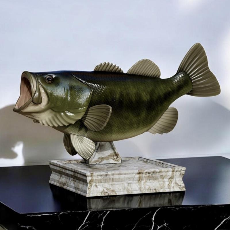 fish Largemouth Bass / Micropterus salmoides in motion 2 trophy statue detailed texture for 3d printing