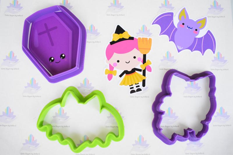 set 3 cookie cutter Halloween coffin, bat, witch broom, witch broom