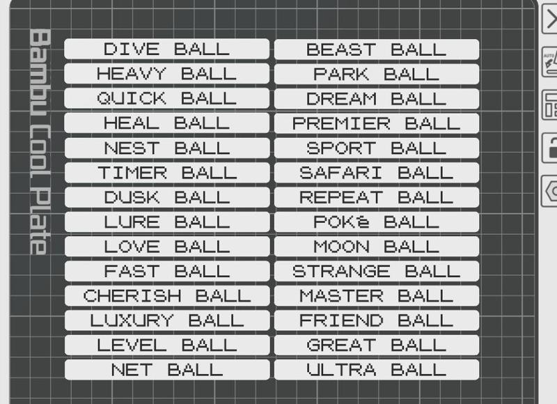 Nameplates for all 28 Poke Balls