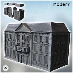 Grand neo-classical bank building with a sign, central balcony, and sculpted pediment (2) - Modern WW2 WW1 World War Diaroma Wargaming RPG Mini Hobby