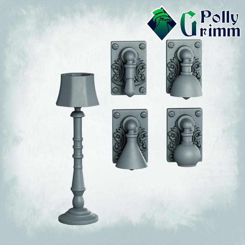 Fantasy miniatures for tabletop games. Lamps set. Small things to put on table and walls