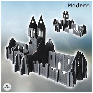 Destroyed Gothic-style church with central tower and stone walls (30) - Modern WW2 WW1 World War Diaroma Wargaming RPG Mini Hobby