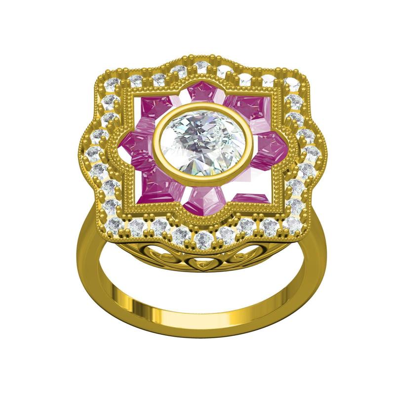 Art Deco White Diamond and Red Garnet Milgrain Engagement Ring