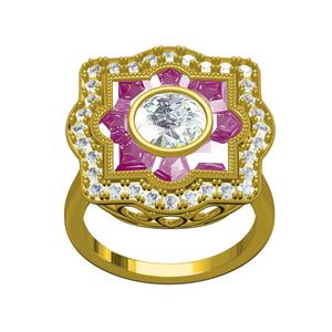 Art Deco White Diamond and Red Garnet Milgrain Engagement Ring