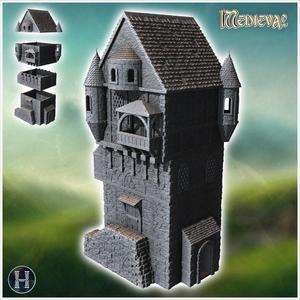 Medieval building with corner towers and covered balcony on upper floor (9) - Medieval Gothic Feudal Old Archaic Saga 28mm 15mm RPG