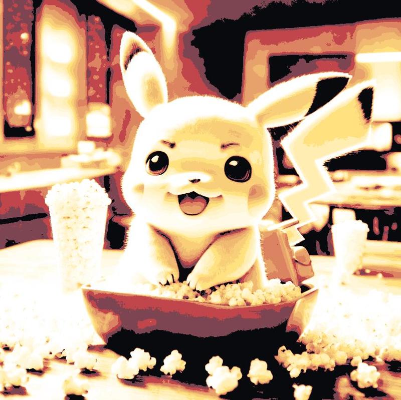 Messy little creature, Pikachu playing in the Popcorn Fanart
