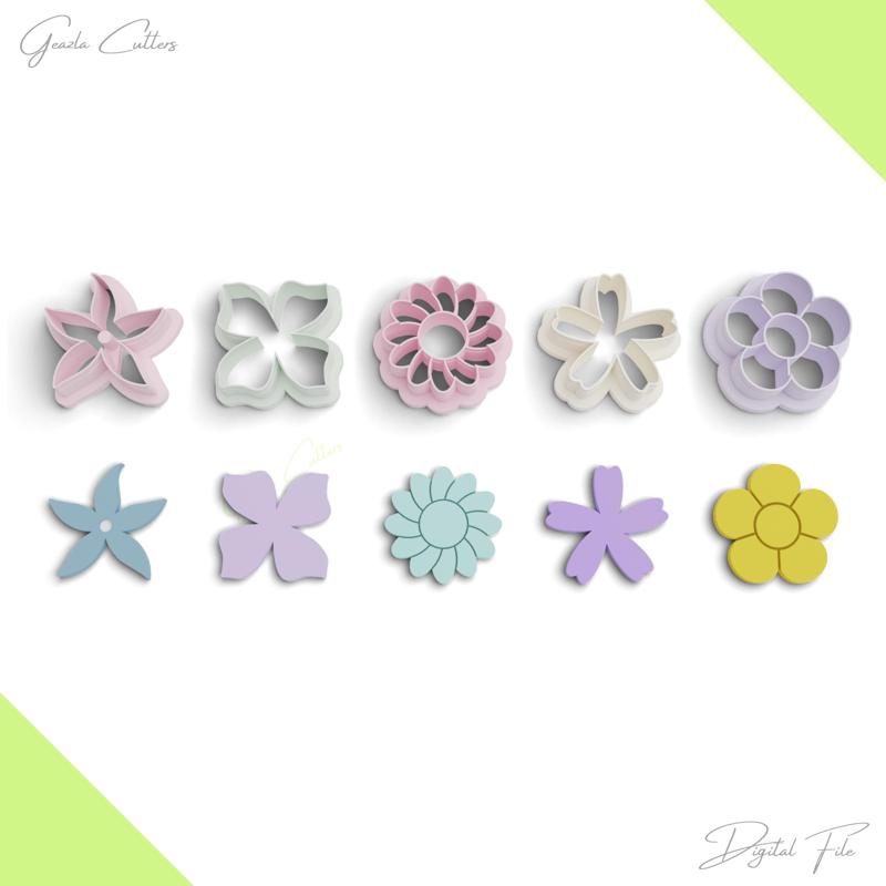 Flowers Polymer Clay Cutter Package, 5 Models, 2 Cutter Version, 5 Sizes Included, Stl File, No:1144