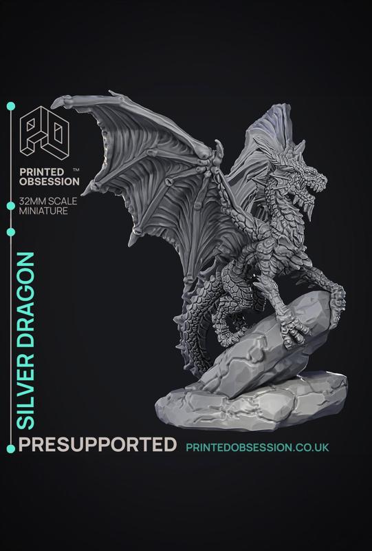 Silver Dragon - Large Model - PRESUPPORTED - Illustrated and Stats - 32mm scale 