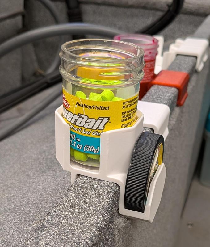 Bait jar holder for fishing, now with lid holder option(s), plus adjustability (PowerBait, Gulp, etc.)