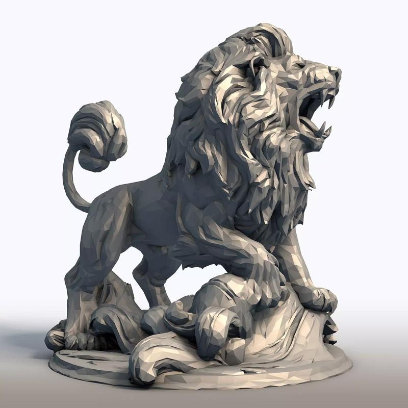 Hungry Lion Low Poly Sculpture Predatory Big Cat Model