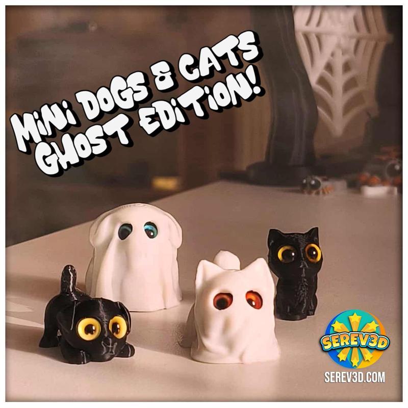 Serev3D Mini Dogs & Cats - Ghost Edition Figures, Keychains & Straw Buddies, No Supports 3D Print STL/3MF