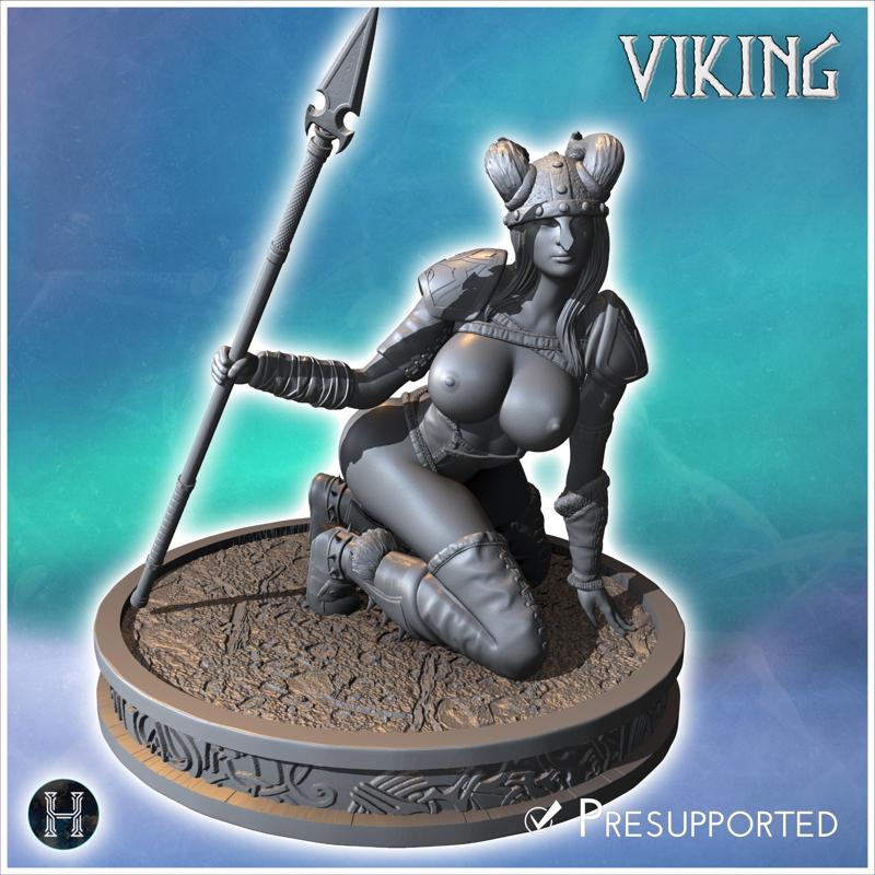 Female warrior kneeling with a spear in one hand and a large shield in the other (32) (NSFW) - North Northern Norse Nordic Saga 28mm 15mm Medieval Dark Age