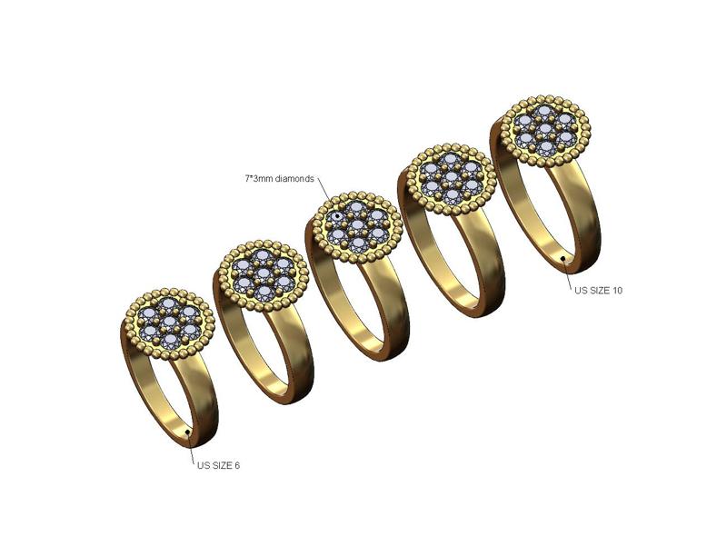 Diamond cluster beaded round disk ring US sizes 6to10 3D print model