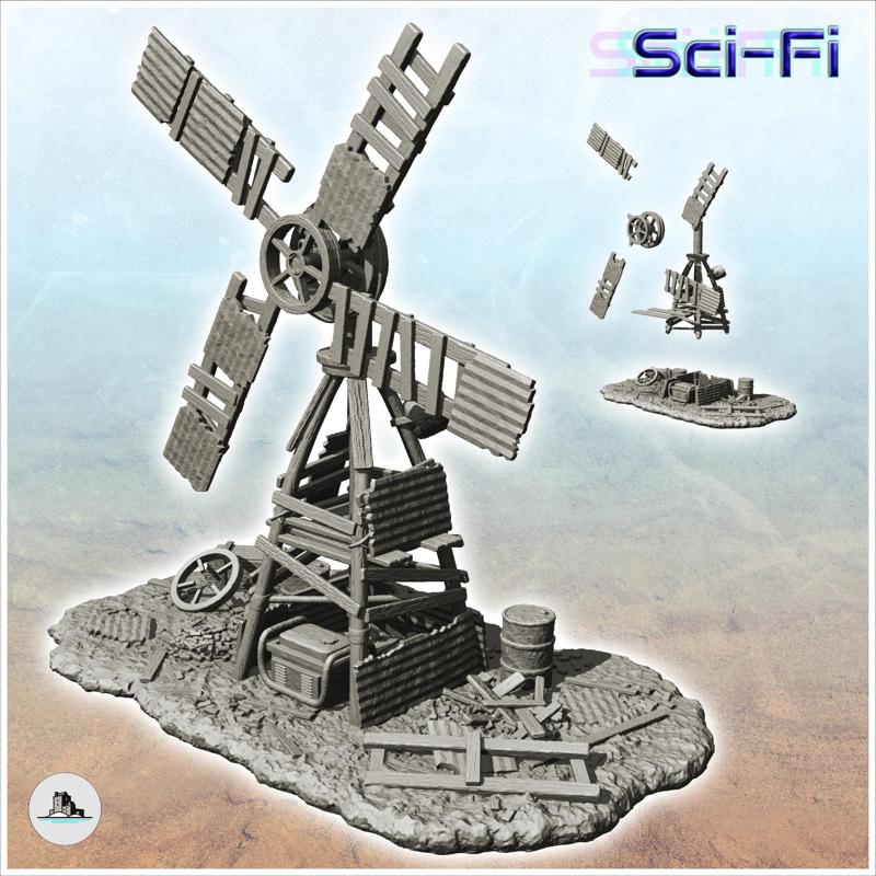 Post-apocalyptic wind turbine made of sheet metal and wood with barrel (2) - Future Sci-Fi SF Post apocalyptic Tabletop Scifi