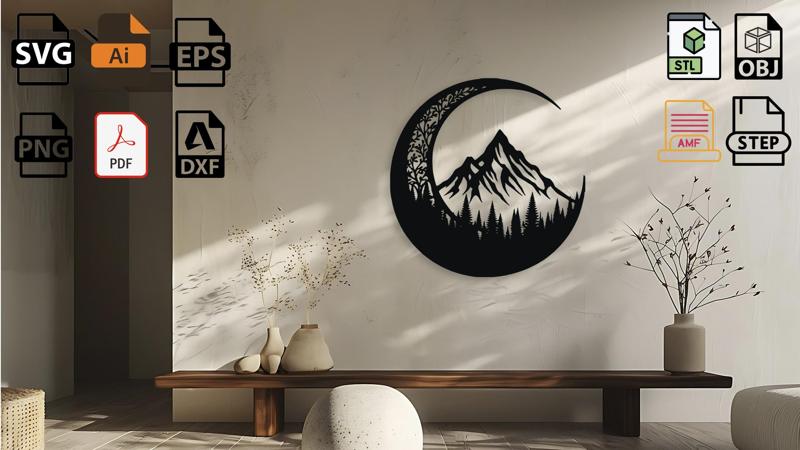 Crescent Moon Mountain Forest Wall Art Decor