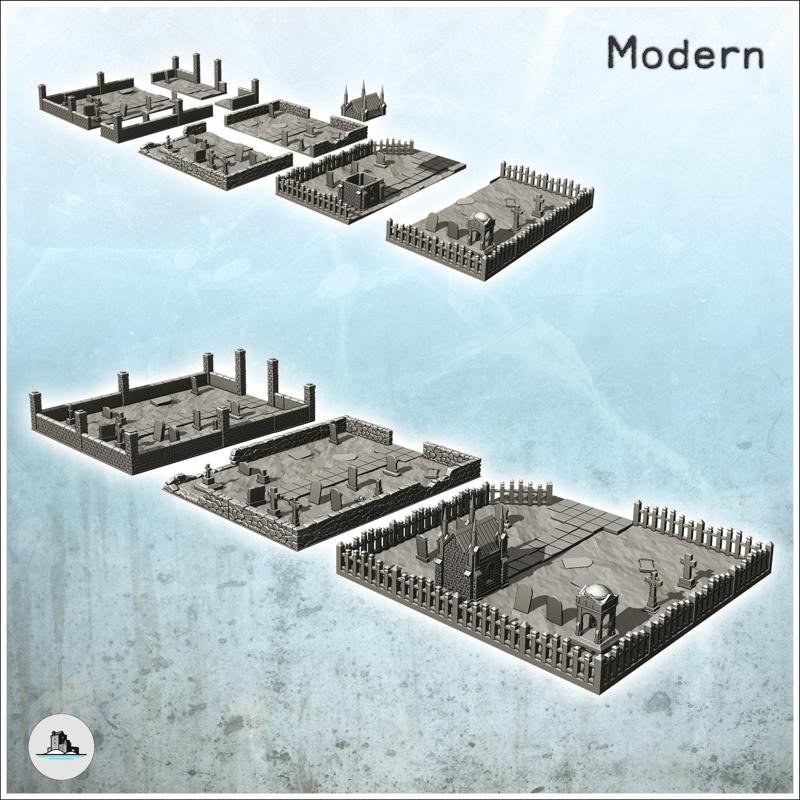 Set of cemetery squares with low walls, tombs and mausoleum (2) - Modern WW2 WW1 World War Diaroma Wargaming RPG Mini Hobby