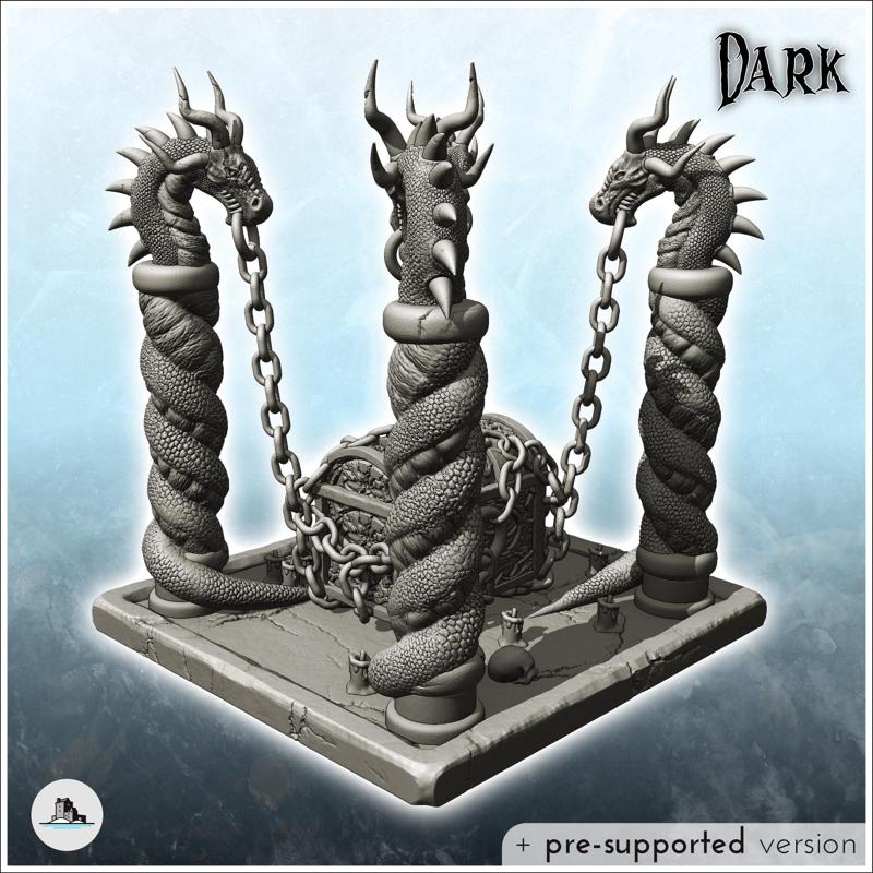 Treasure chest with chains connected to columns with dragon heads (4) - Creature Darkness War 15mm 20mm 28mm 32mm Medieval Dungeon