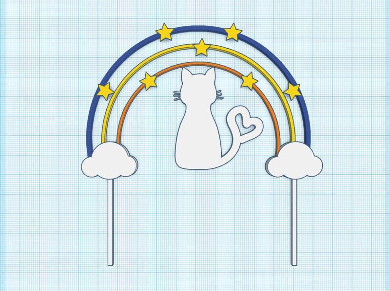 Cake topper rainbow and cat with tail in heart shape