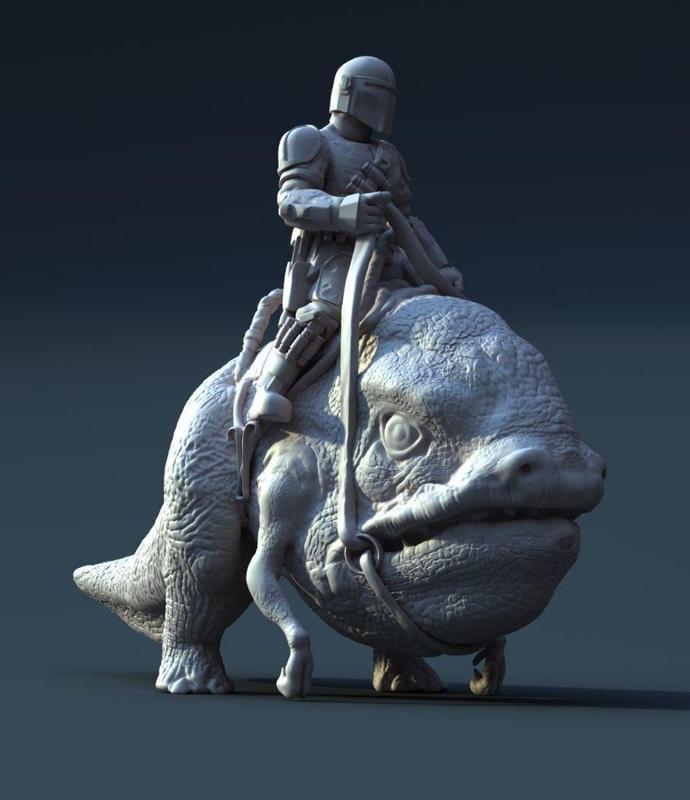 Mando riding a Blurrg (from the show "The Mandalorian")